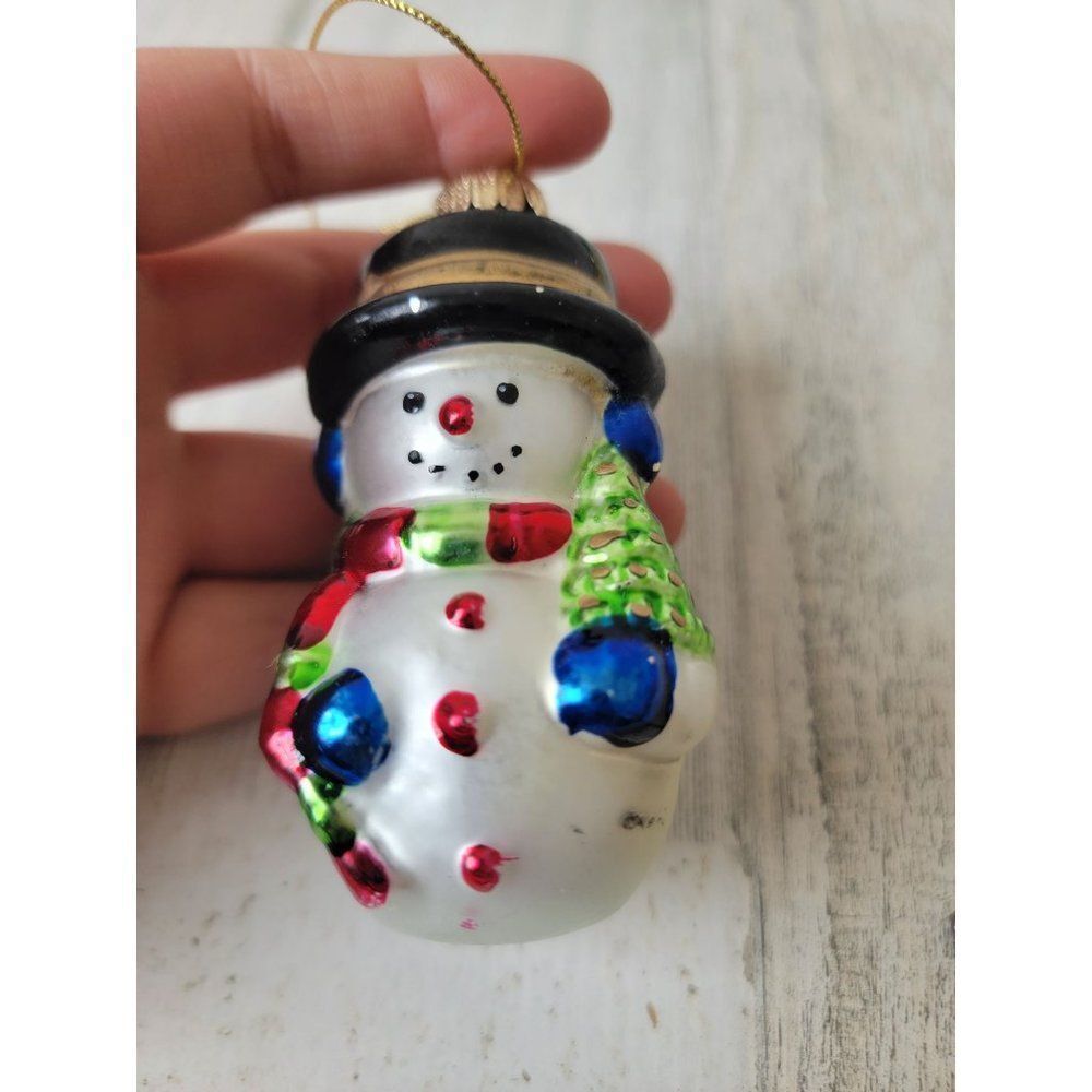 Snowman Top Hat pine tree blown glass ornament Xmas decor
